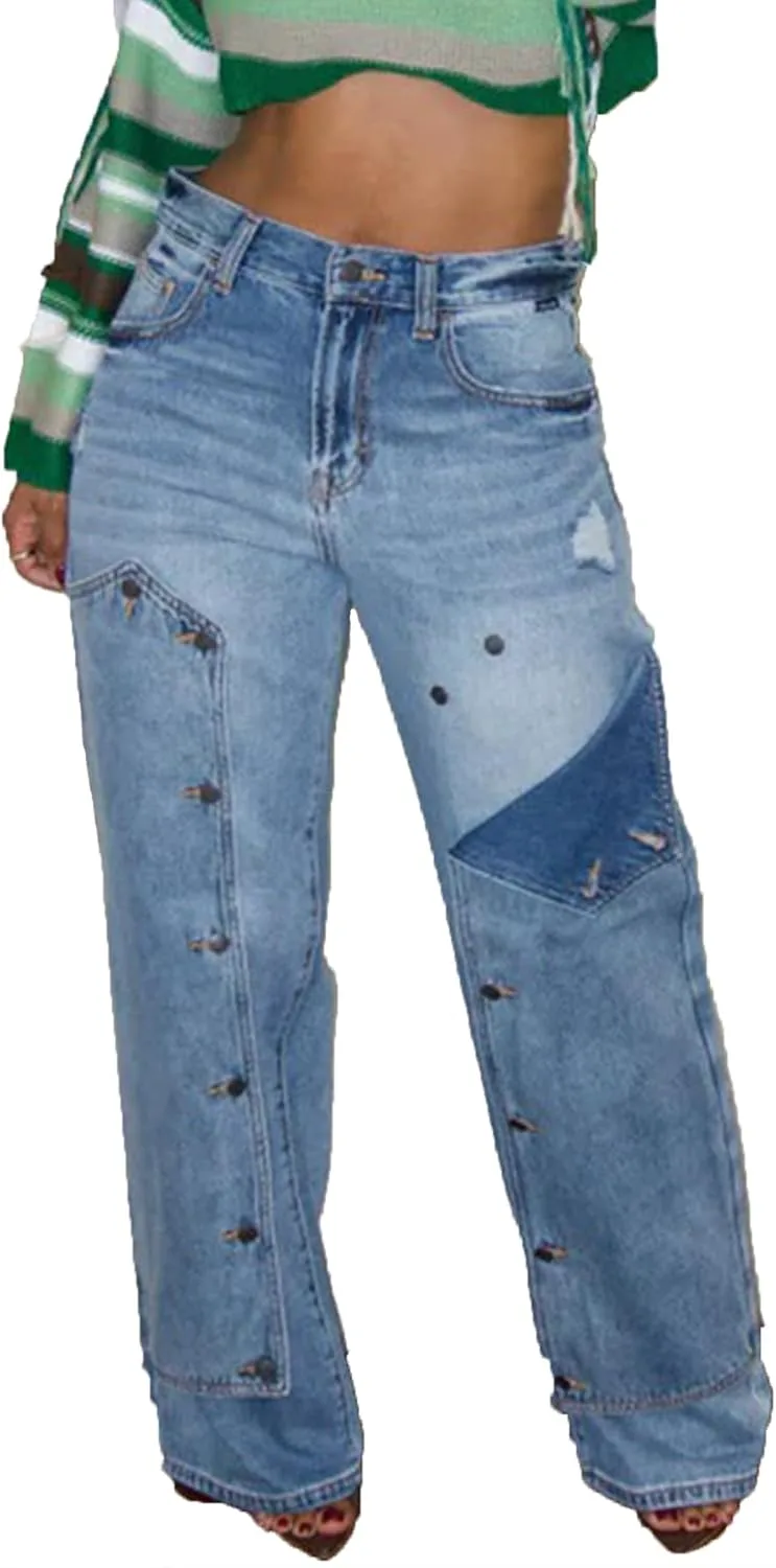 

Tbahhir мешковатые карго джинсы для женщин, distressed, high waisted, wide leg