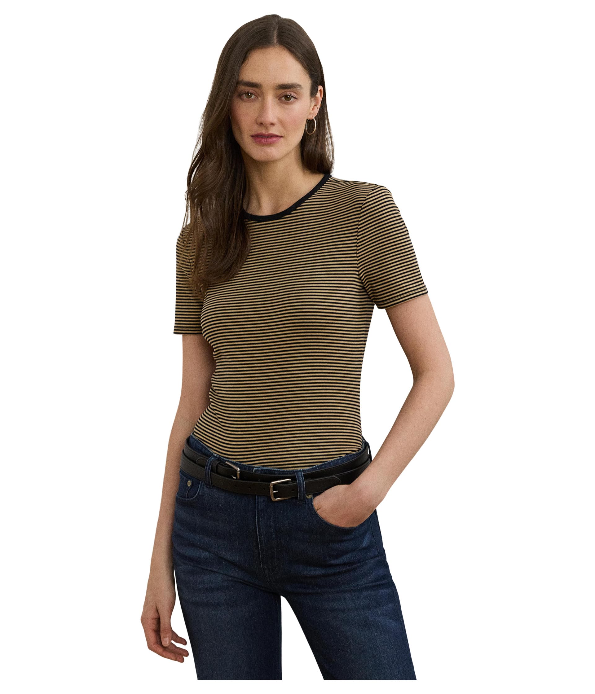 

Футболка Lauren Ralph Lauren Striped Stretch Cotton Crewneck Tee, Black/Birch TanSee Less