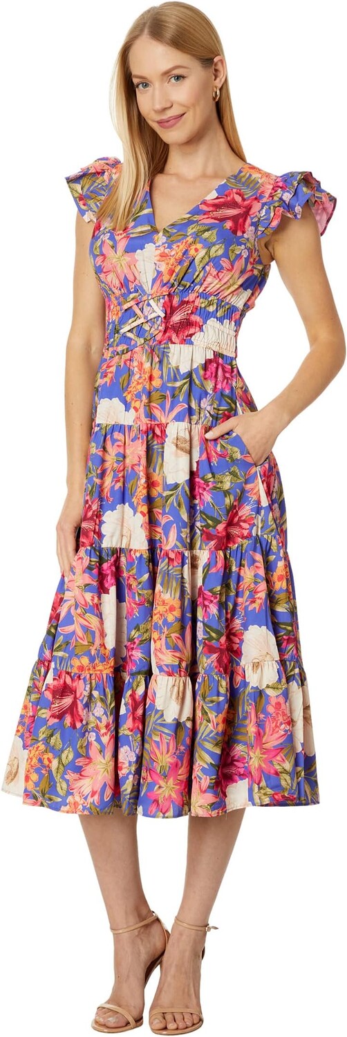 

Платье Floral Smocked Waist Midi Vince Camuto, цвет Porcelain Blue