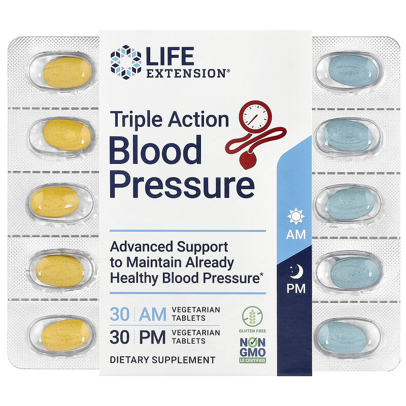 

Life Extension, Тройного действия для измерения артериального давления, утром и вечером, 60 вегетарианских таблеток
