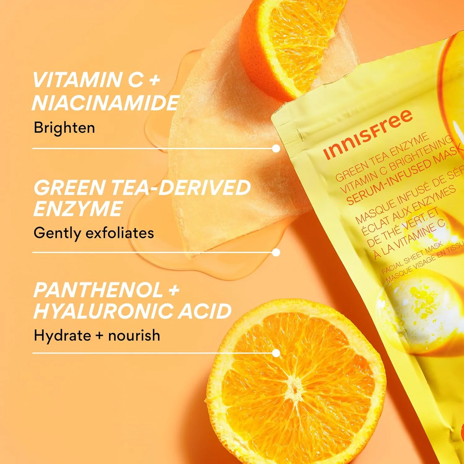 Тканевая маска Innisfree — Осветляющая с энзимом зеленого чая и витамином С, , для осветления и сияния кожи — фото 4