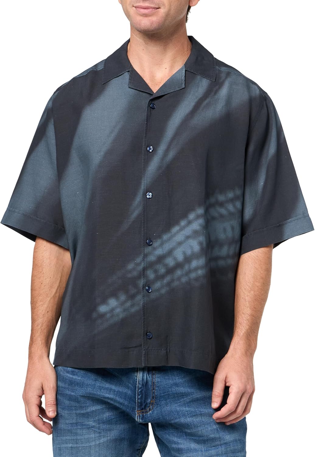 

BOSS мужская тенсель-льняная смесовая рубашка с коротким рукавом на пуговицах, Midnight Zone