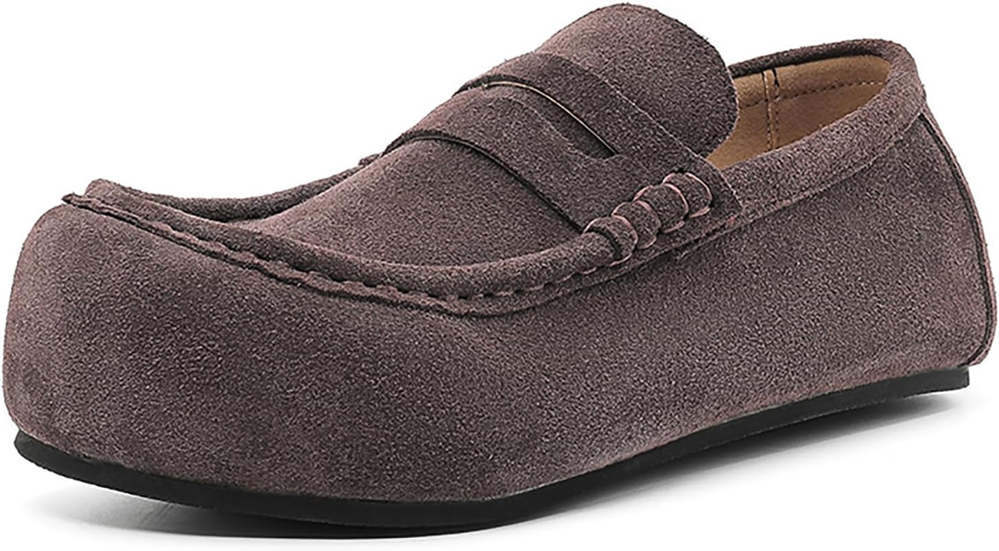 

Мужские замшевые лоферы с широкой передней частью, круглым носком, без застежки, удобные, с противоскользящей подошвой, плоским каблуком, классические туфли Penny, легкие лодочные туфли для повседневной прогулки и вождения Xhognls, коричневый
