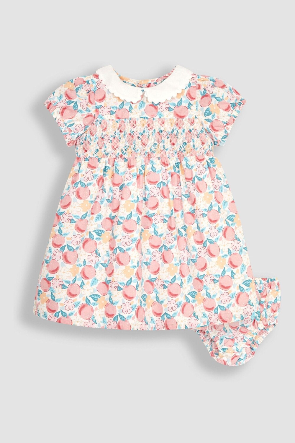 

Детское платье с рюшами и персиковым принтом Jojo Maman Bébé, белый