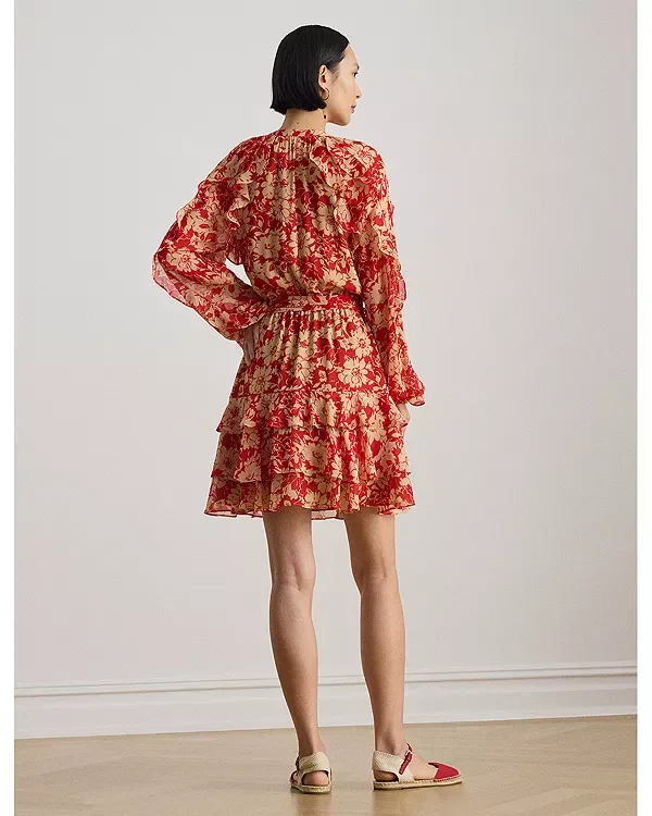 Платье из жоржета с многоярусной юбкой и оборками с принтом Ralph Lauren, Red/Tan — фото 3