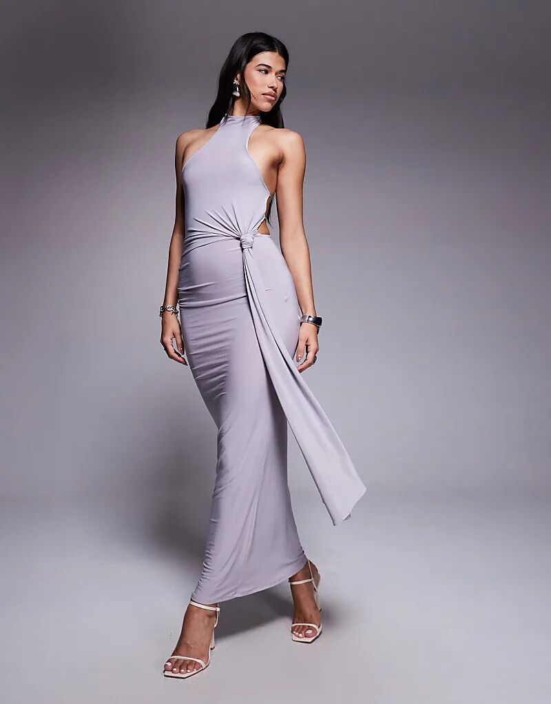 

Платье макси ASOS DESIGN с облегающим узлом спереди и воротником-хомут, сланцево-серого цвета