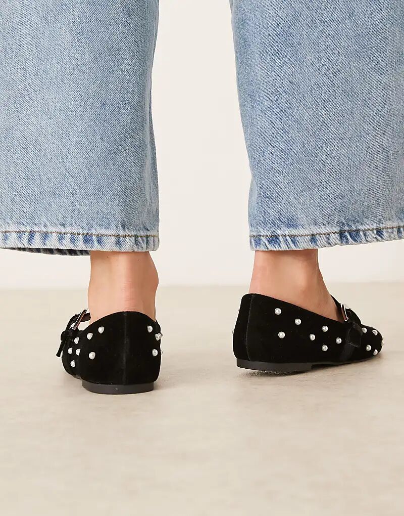 Балетки Мэри Джейн из черного бархата с жемчужной отделкой от ASOS DESIGN Leah — фото 3