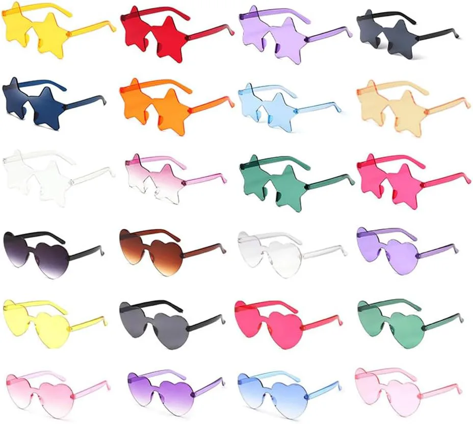 

Набор из 24 солнцезащитных очков в форме сердца, без оправы в форме звезды, прозрачные разноцветные очки без оправы для вечеринок и косплея Kellegour, Multicolor