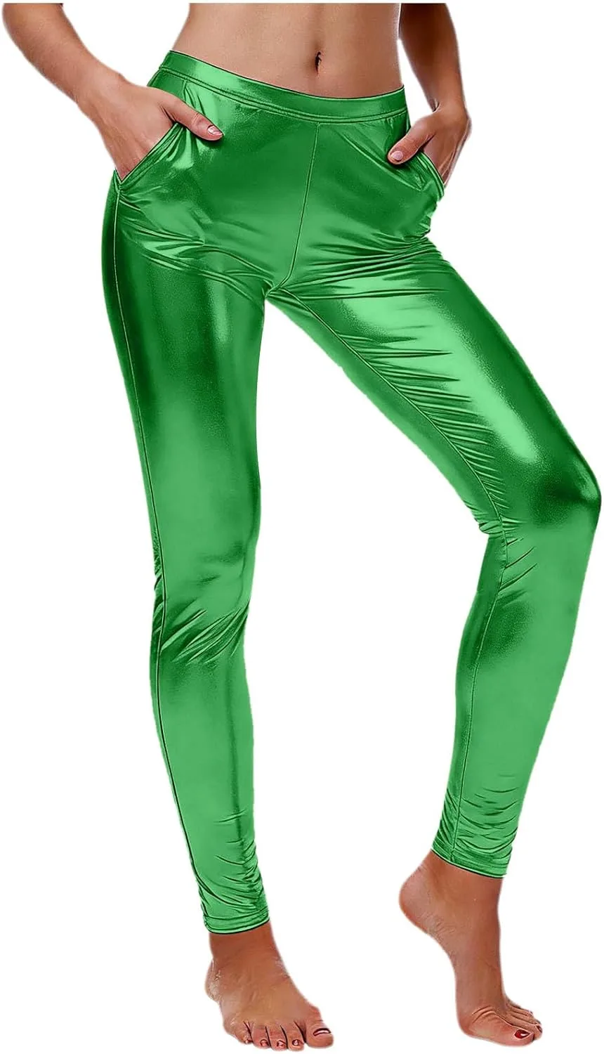 

Женские блестящие металлизированные леггинсы с эластичным поясом