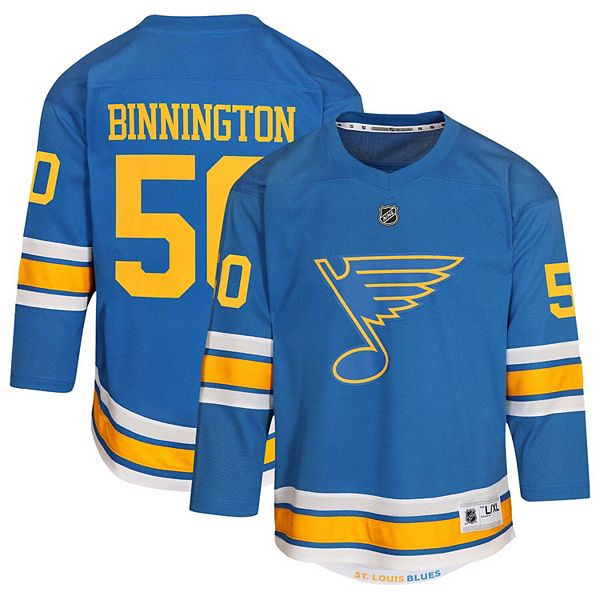 Детская реплика игровой футболки St Louis Blues Jordan Binnington в домашнем синем цвете Outerstuff — фото 2