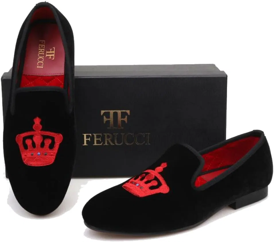Лоферы мужские FERUCCI, модель Handmade Men Black Velvet Slippers Flats Loafers with Red Crown Limited, черный — фото 4
