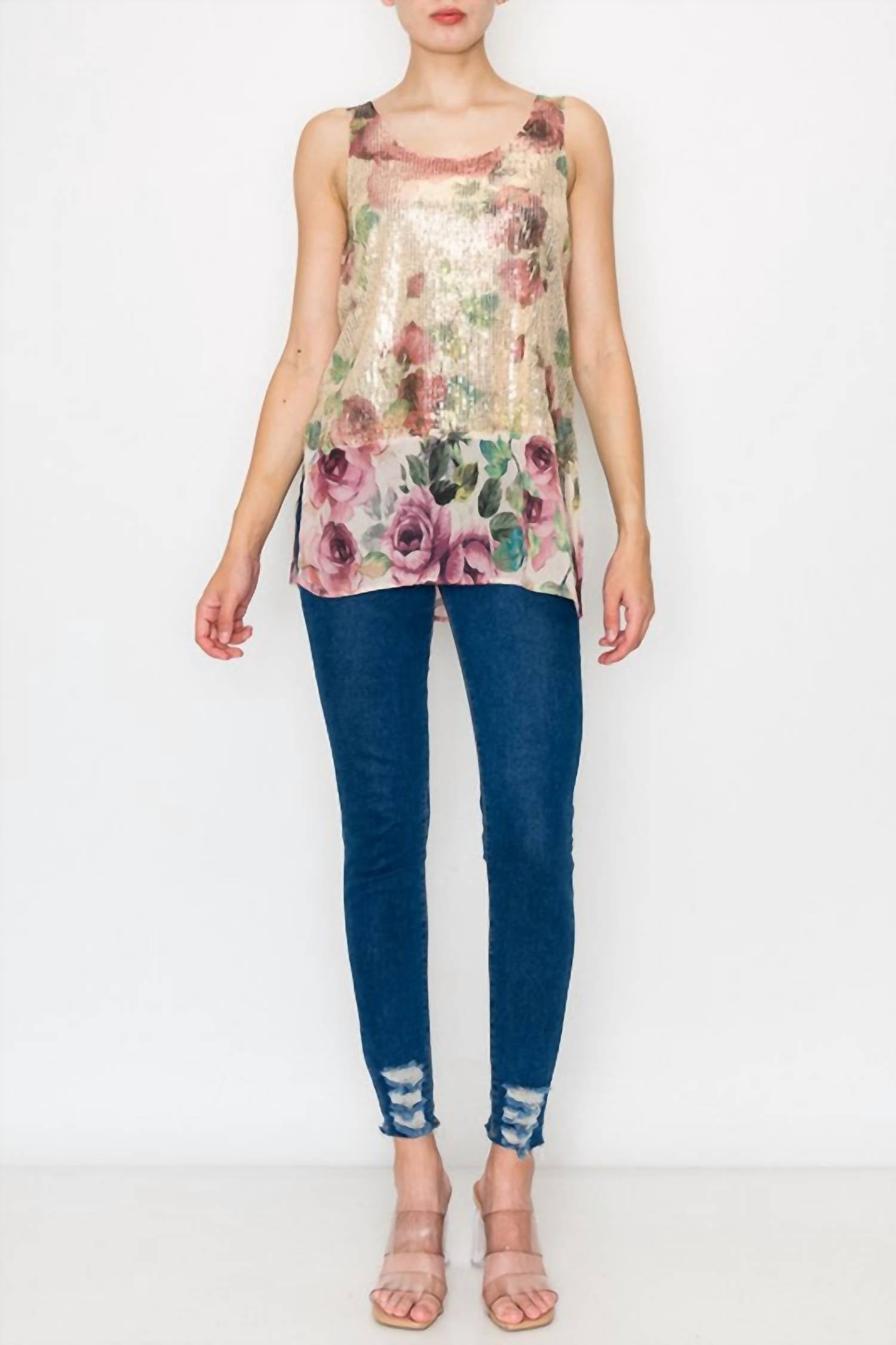 

Топ с пайетками Joyce Rose Print в золоте Origami