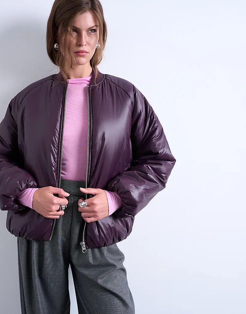 

Блестящая утепленная куртка-бомбер Topshop цвета баклажана, Фиолетовый, Блестящая утепленная куртка-бомбер Topshop цвета баклажана
