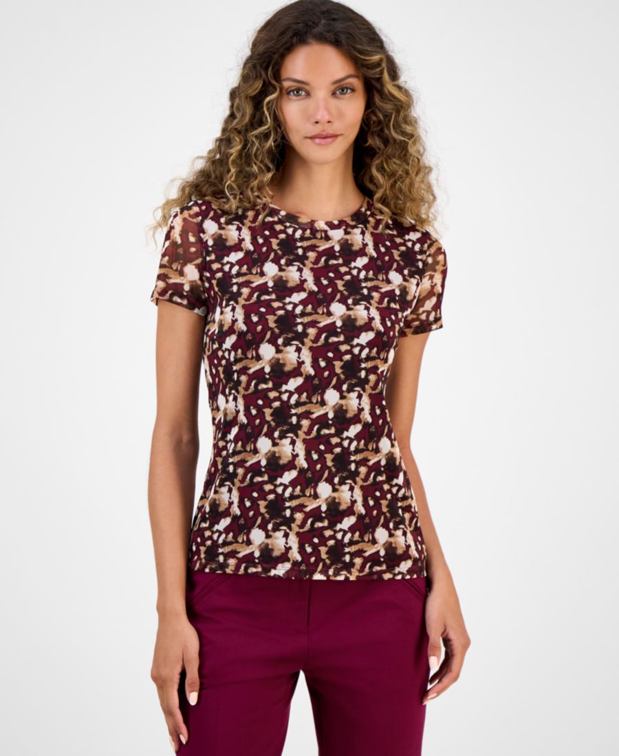 

Женская футболка с коротким рукавом и принтом из сетчатой ткани, эксклюзивно для Macy's Bar III, Pinot Noir Multi