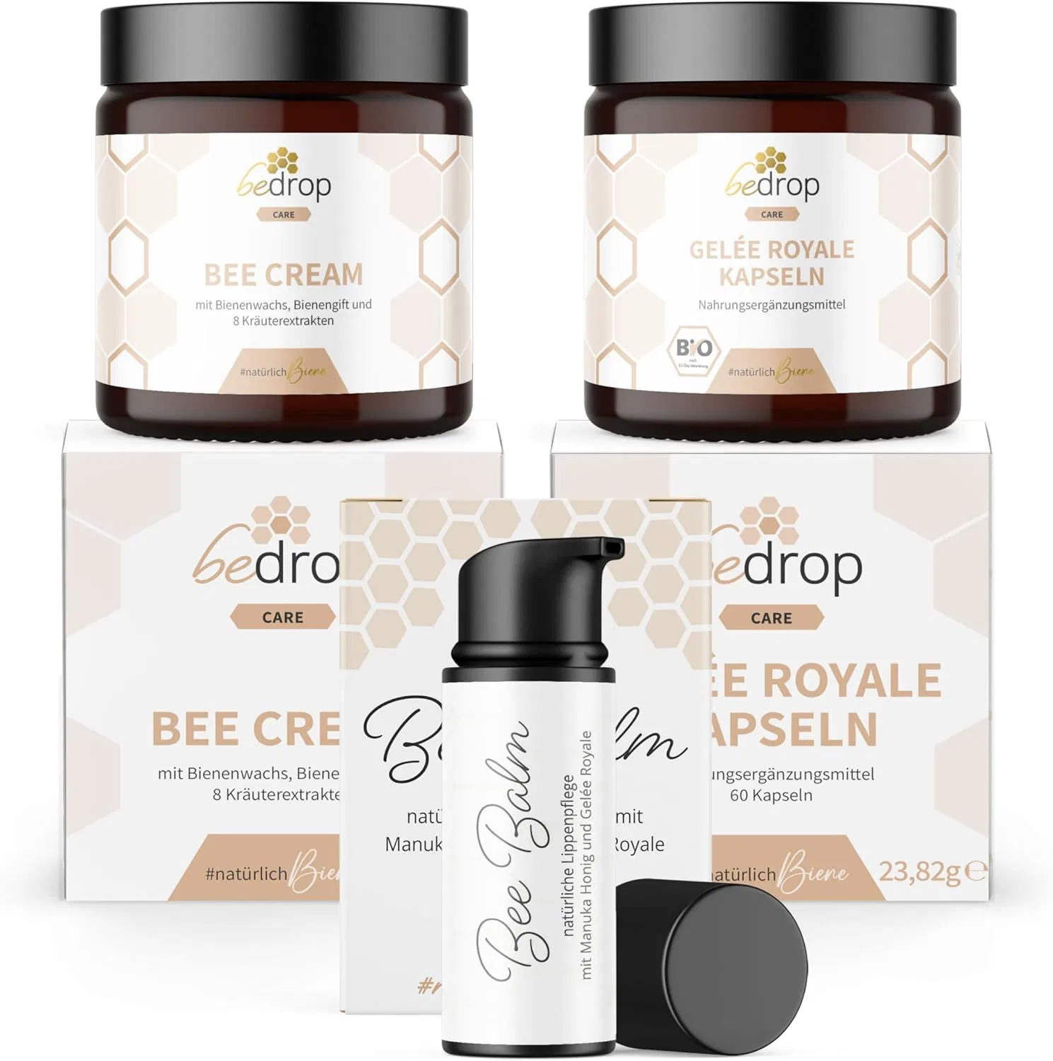 Набор bedrop Feel-good (большой): крем с пчелиным ядом, капсулы с маточным молочком, бальзам для губ Bedrop