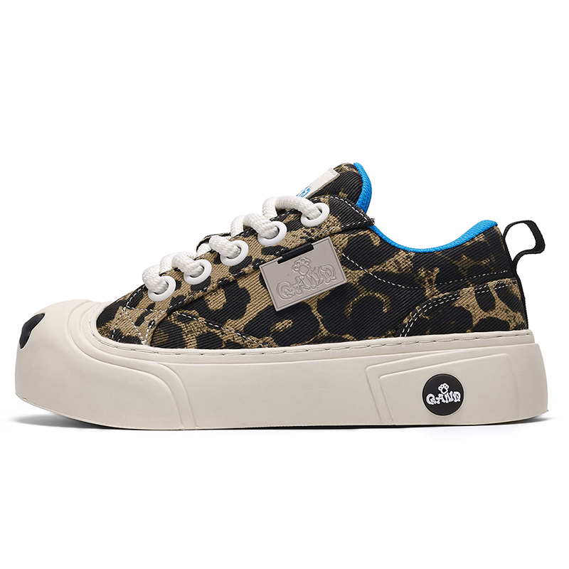 

Вопрос и покрытие нескользящие амортизирующие устойчивые к истиранию увеличивающие высоту низкие скейтбордские кроссовки унисекс Q-AND, leopard print желтый