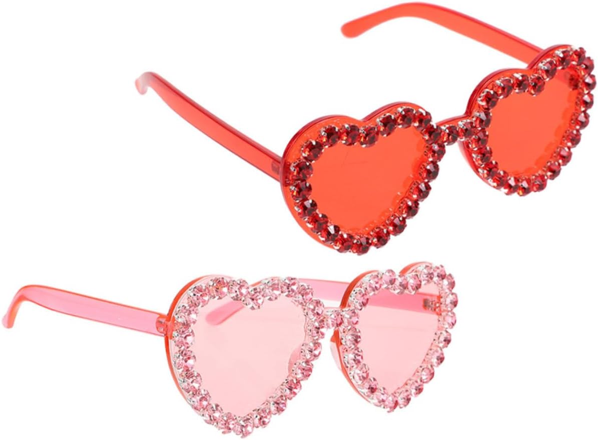 

2 пары солнцезащитных очков в форме сердца для женщин, модные розовые солнцезащитные очки без оправы с красными и светло-розовыми стразами, аксессуары для вечеринок и пляжа DEARMAMY, Assorted Color