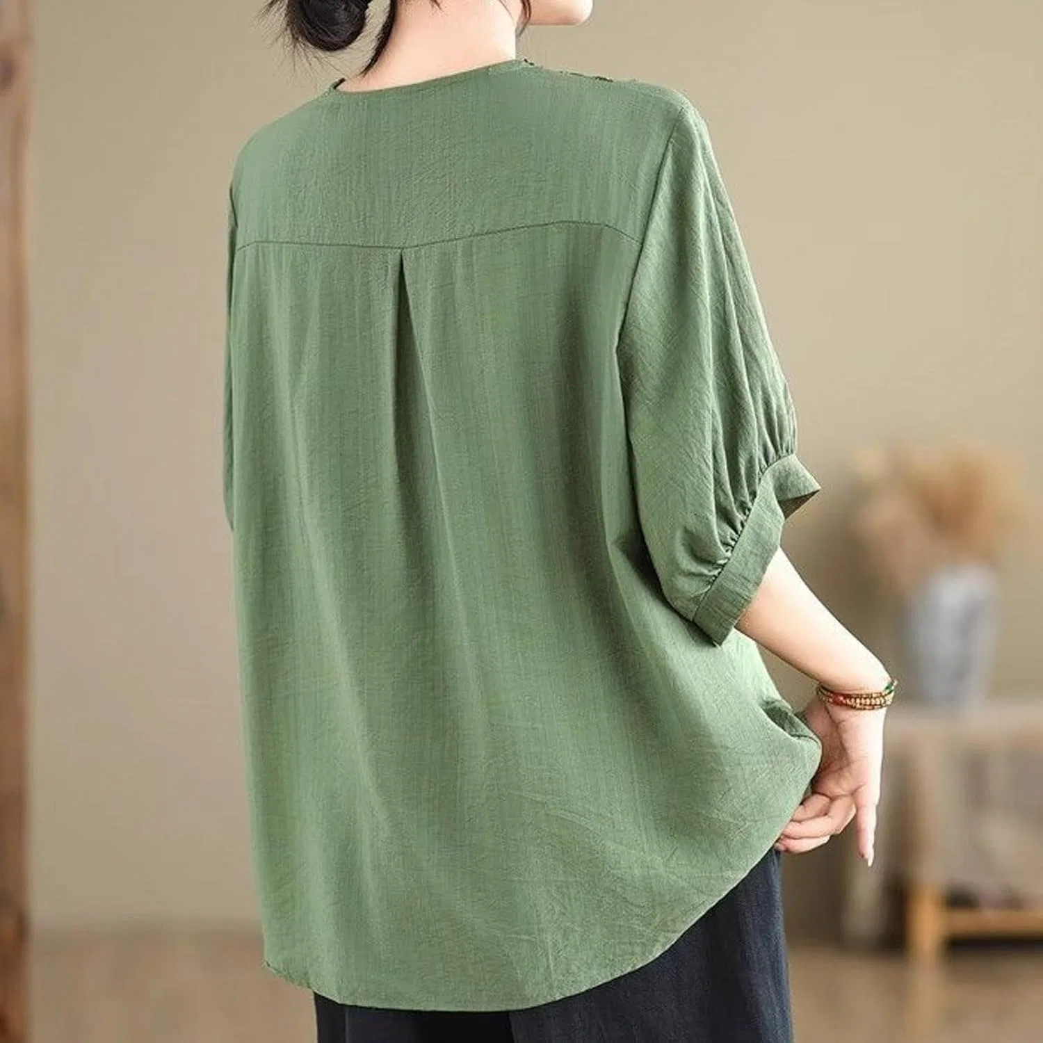 Футболка из хлопка и льна с вышивкой, Oversize, зеленый — фото 4