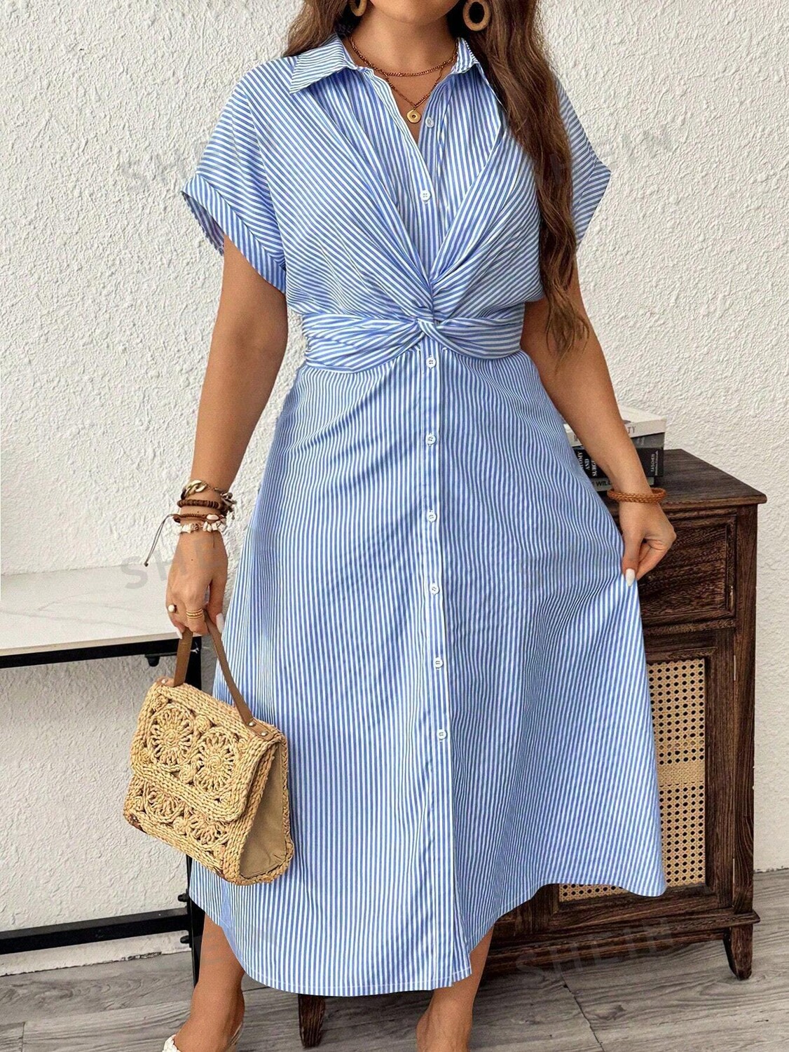 

Платье-рубашка Frenchy Plus Size Shein, синий/белый