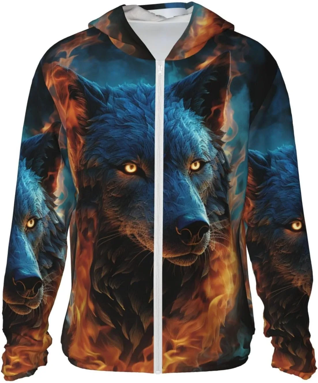 

Мужская толстовка с защитой от солнца UPF 50+ с длинным рукавом Wolf Head в Blue Flames FZQVSLCM