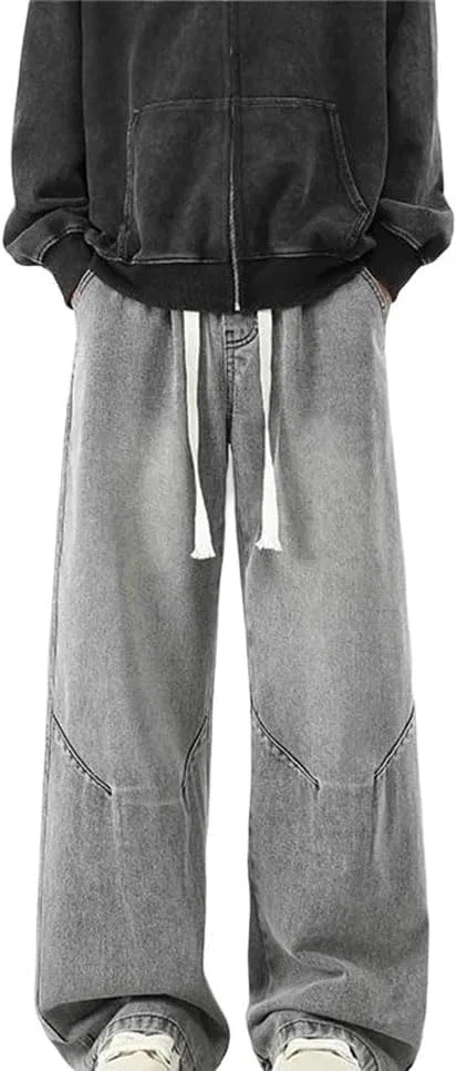 Джинсы свободные, Men‘s Loose Denim Jeans Elastic Waist Fit Wide Leg Straight Casual Trousers for Hip Hop Street Wear, 3