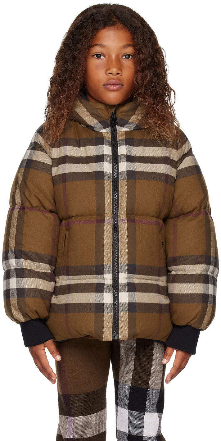 

Детский коричневый двусторонний пуховик в клетку Burberry