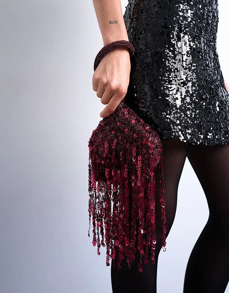 

Сумка-кошелек Topshop Giana с пайетками и кисточками бордового цвета