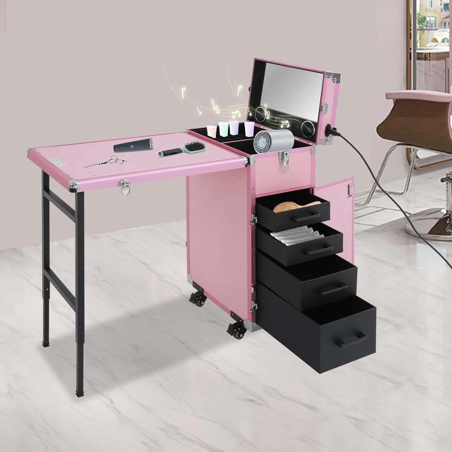 Профессиональный складной маникюрный стол на колесиках с зеркалом и Bluetooth Daohhfo, Pink — фото 2