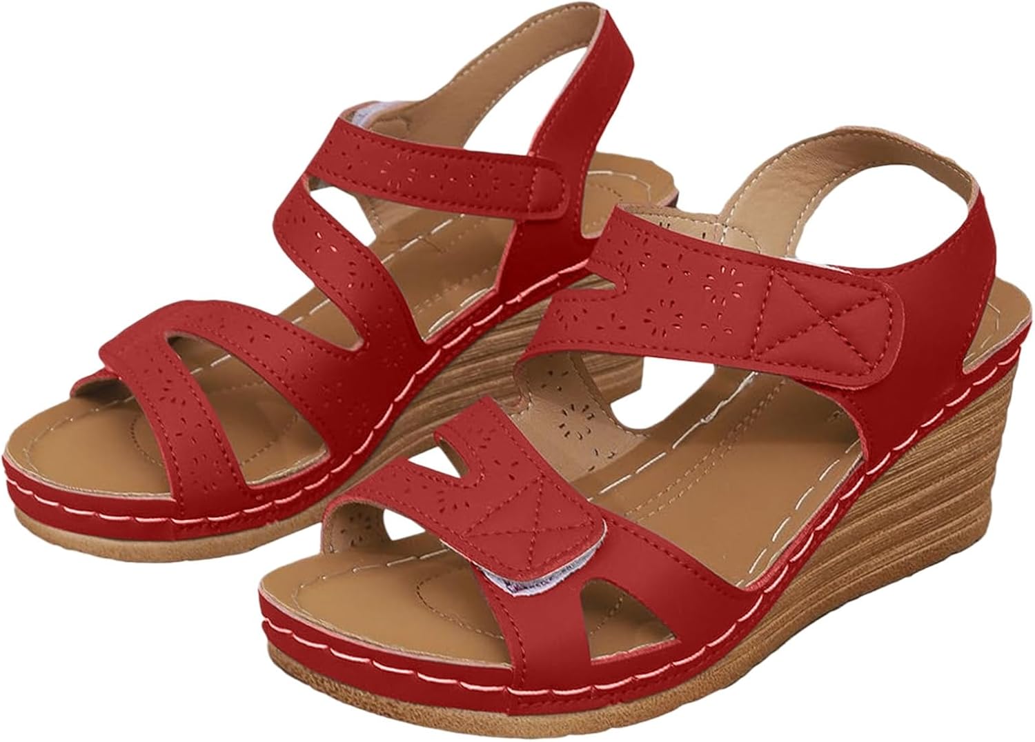 

Женские сандалии на танкетке с открытым носком и ремешком на щиколотку, ортопедические, на низком каблуке, без застежки, повседневные и нарядные, удобные для ходьбы на улице с поддержкой свода стопы Movnebyro, красный