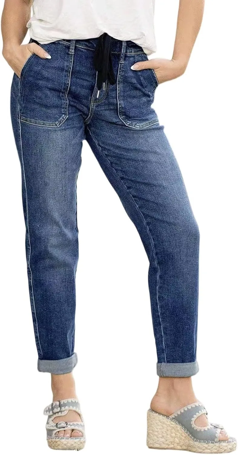 

Женские джинсы-джоггеры с высокой талией и карманами