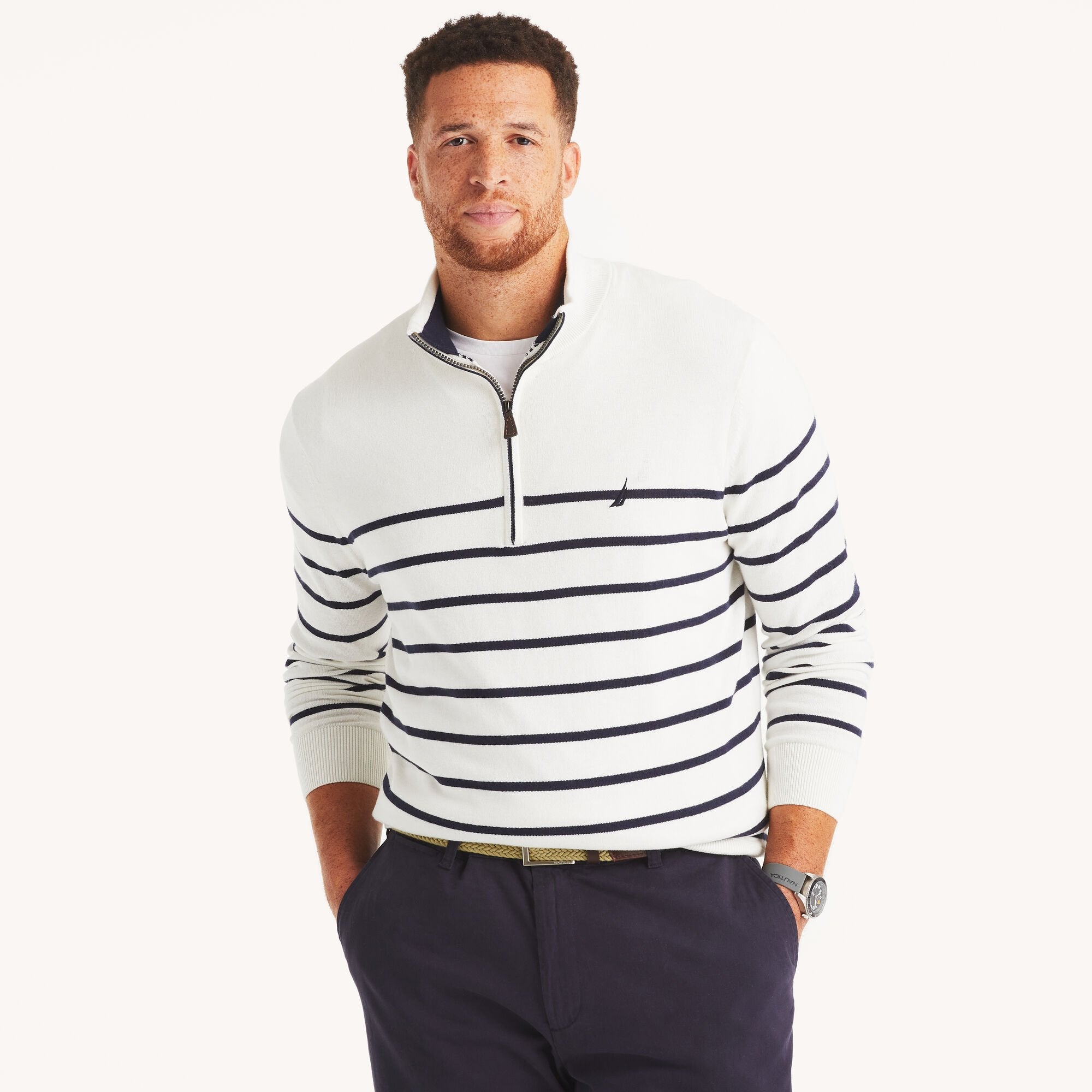 

Nautica Mens Big & Tall Navtech Полосатый свитер с застежкой-молнией на четверть, цвет marshmallow