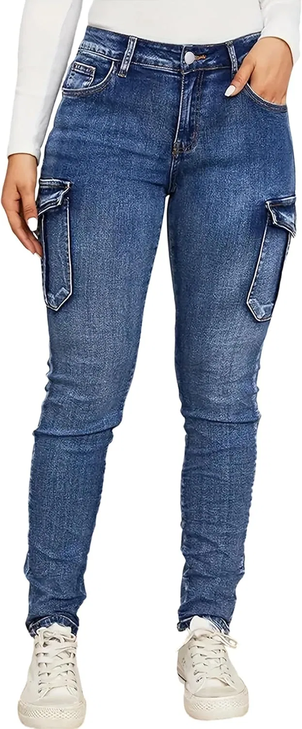 Джинсы карго с карманами, Women Jeans, Dark Blue
