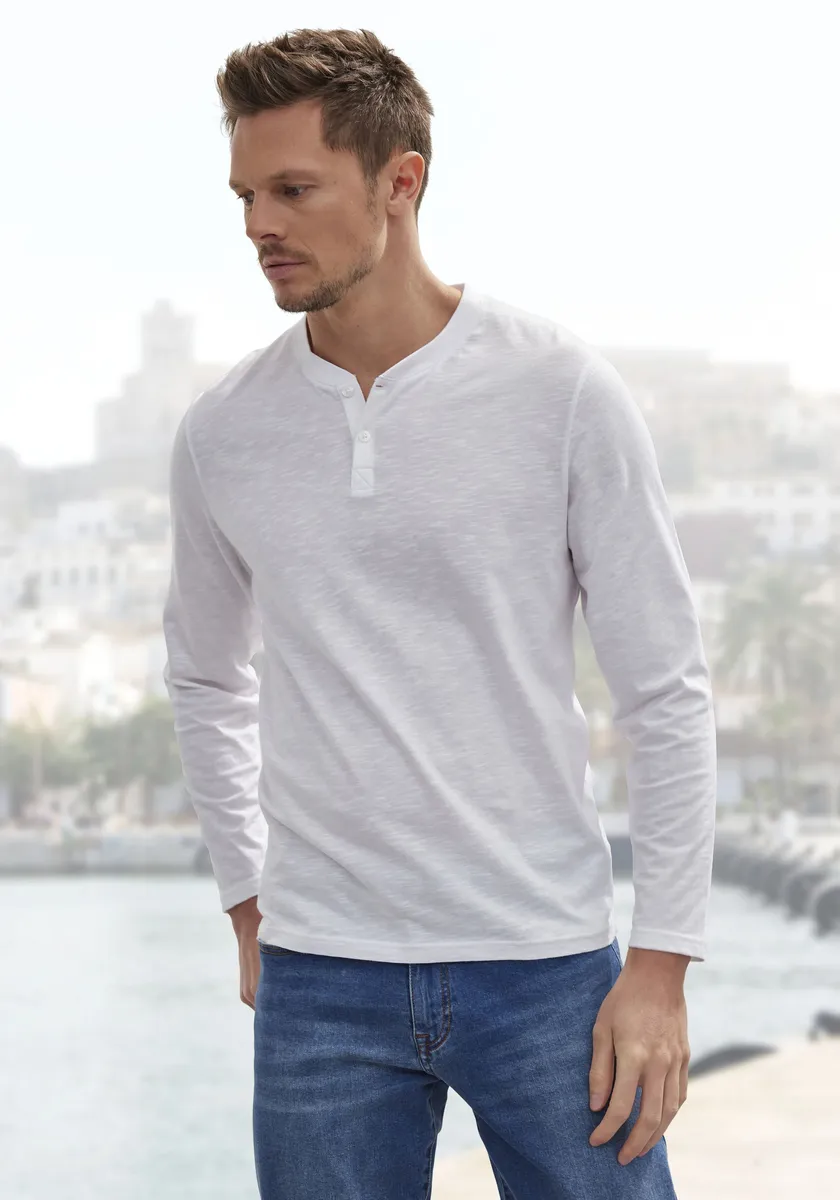 

Рубашка H.I.S Henley, длинный рукав, рубашка с планкой на пуговицах из качественного структурированного хлопка, белый