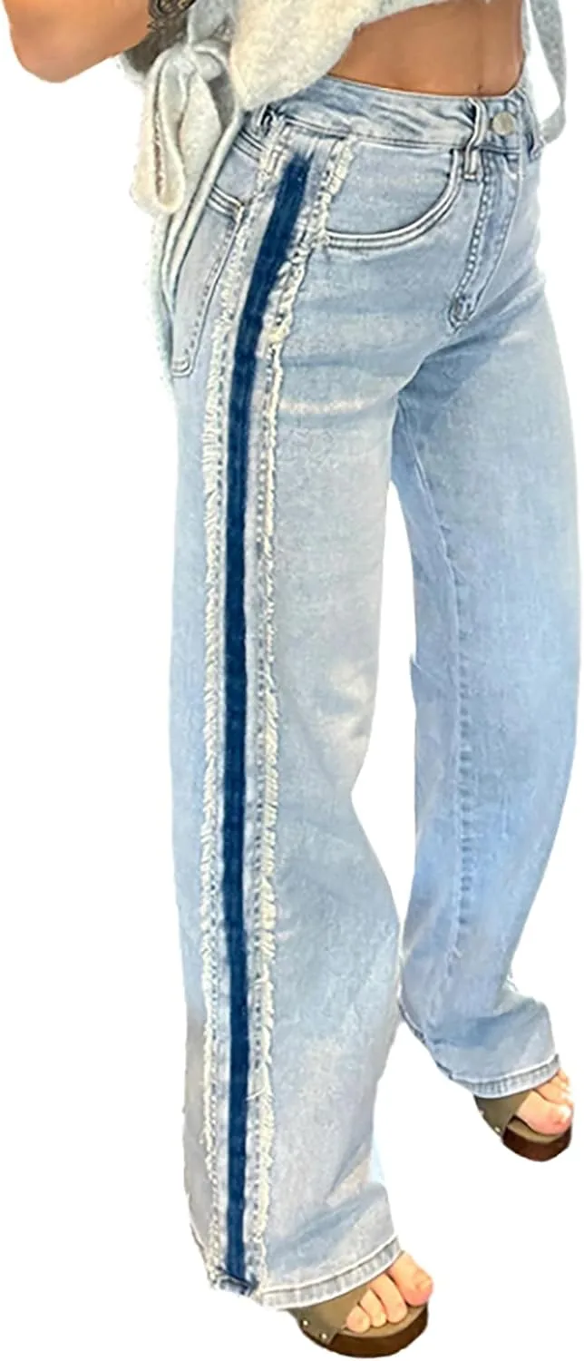 

Женские джинсы с потертыми боковыми полосами и аппликацией, прямые, с высокой посадкой, эластичные, свободного кроя QLAUYIOE