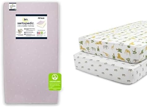 

Кроватка Serta Sertapedic Petals Fiber Core и матрас для малышей + простыни для детской кроватки Delta с подогнанными простынями для девочек и мальчиков (2 шт. в упаковке), Safari Friends (комплект) Delta Children, Safari Friends