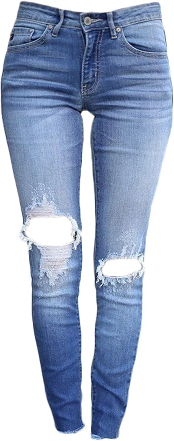 Andongnywell джинсы для женщин Mid Waisted Straight Leg с потертостями и карманами