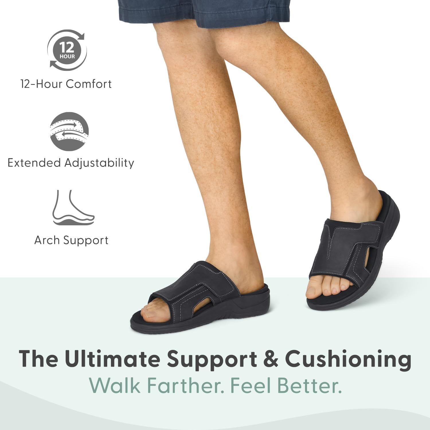 Мужские ортопедические кожаные шлепанцы Orthofeet Sarasota, черный — фото 2
