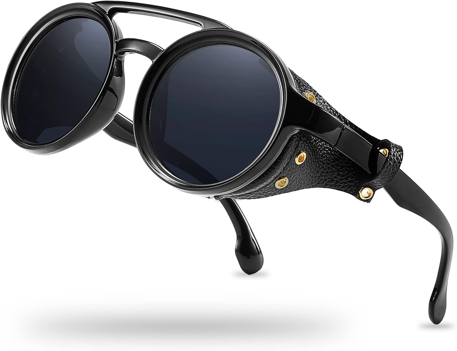 

Солнцезащитные очки Technigadgets Finnegan в стиле стимпанк и ретро для мужчин и женщин с кожаной боковой защитой, двойной перемычкой и пластиковой оправой. Подарок для мужчин, Black Grey