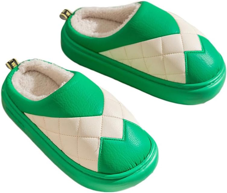 

JadeRich Женские и мужские стильные тапочки с цветными блоками, стеганые из искусственной кожи с флисовой подкладкой, мягкие теплые тапочки-облака для зимы, удобные домашние туфли, зеленый