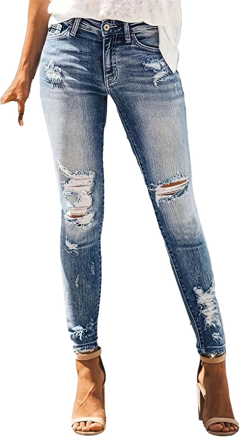 

Женские рваные джинсы Skinny с эффектом потертости BESKWJE