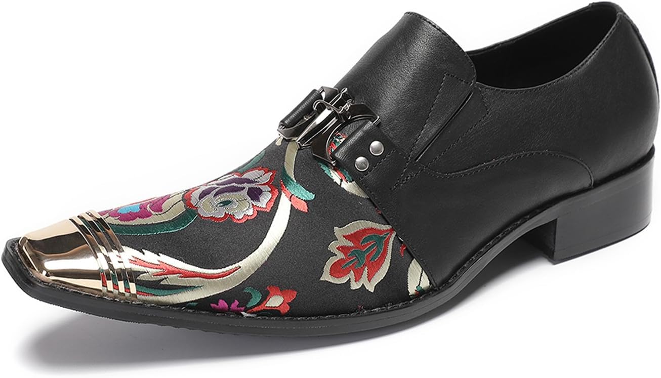 

Мужские кожаные слипоны Santimon - лоферы Penny с металлическим заостренным носком, повседневные вестерн-туфли с пряжкой и цветочной вышивкой для свадьбы, бара и вечеринки, черный