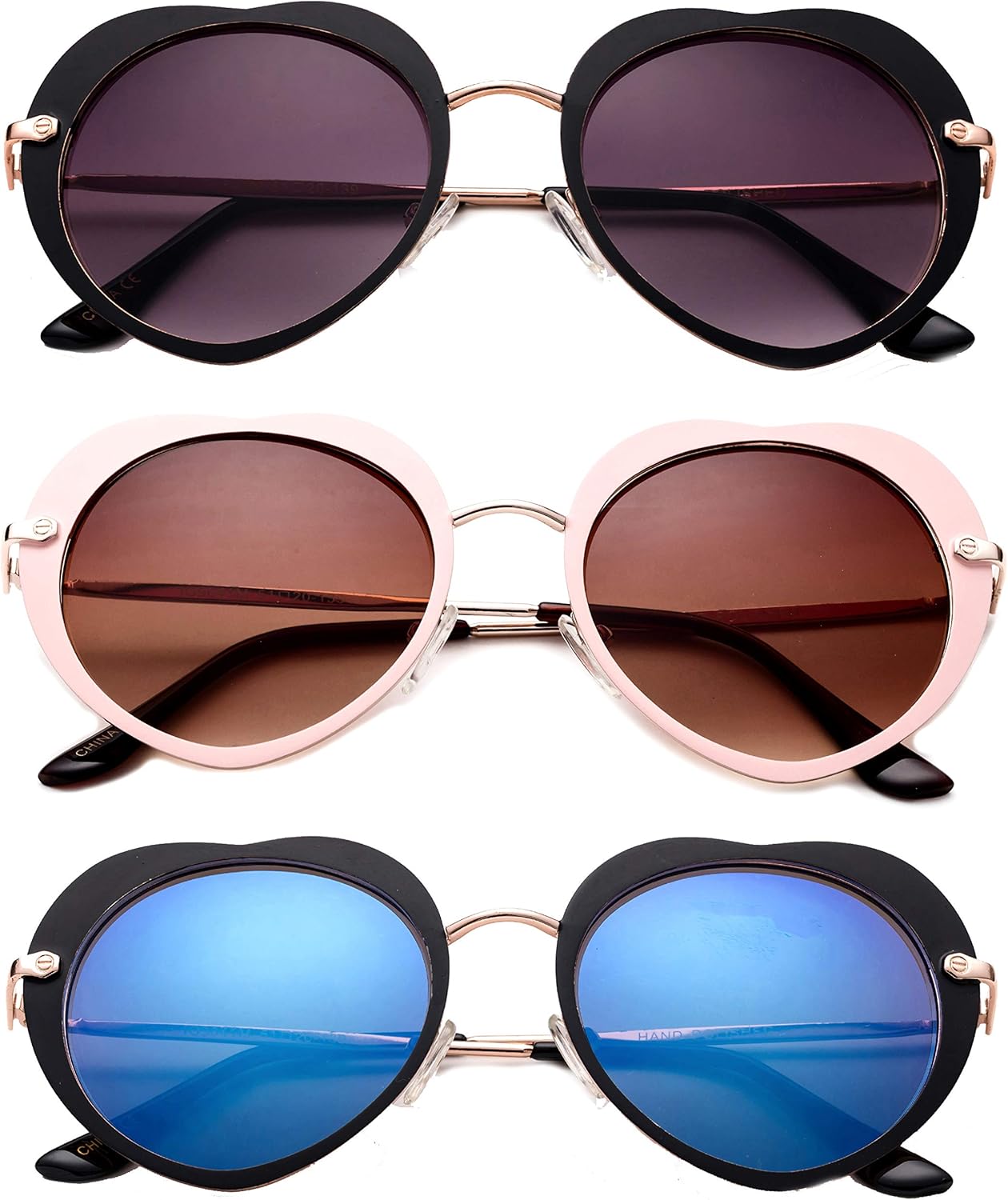 

Комплект из 3 двухцветных солнцезащитных очков в форме сердца с металлической оправой, стильные, с высоким оптическим качеством, для женщин Newbee Fashion, 3 Pack Black, Blue & Pink