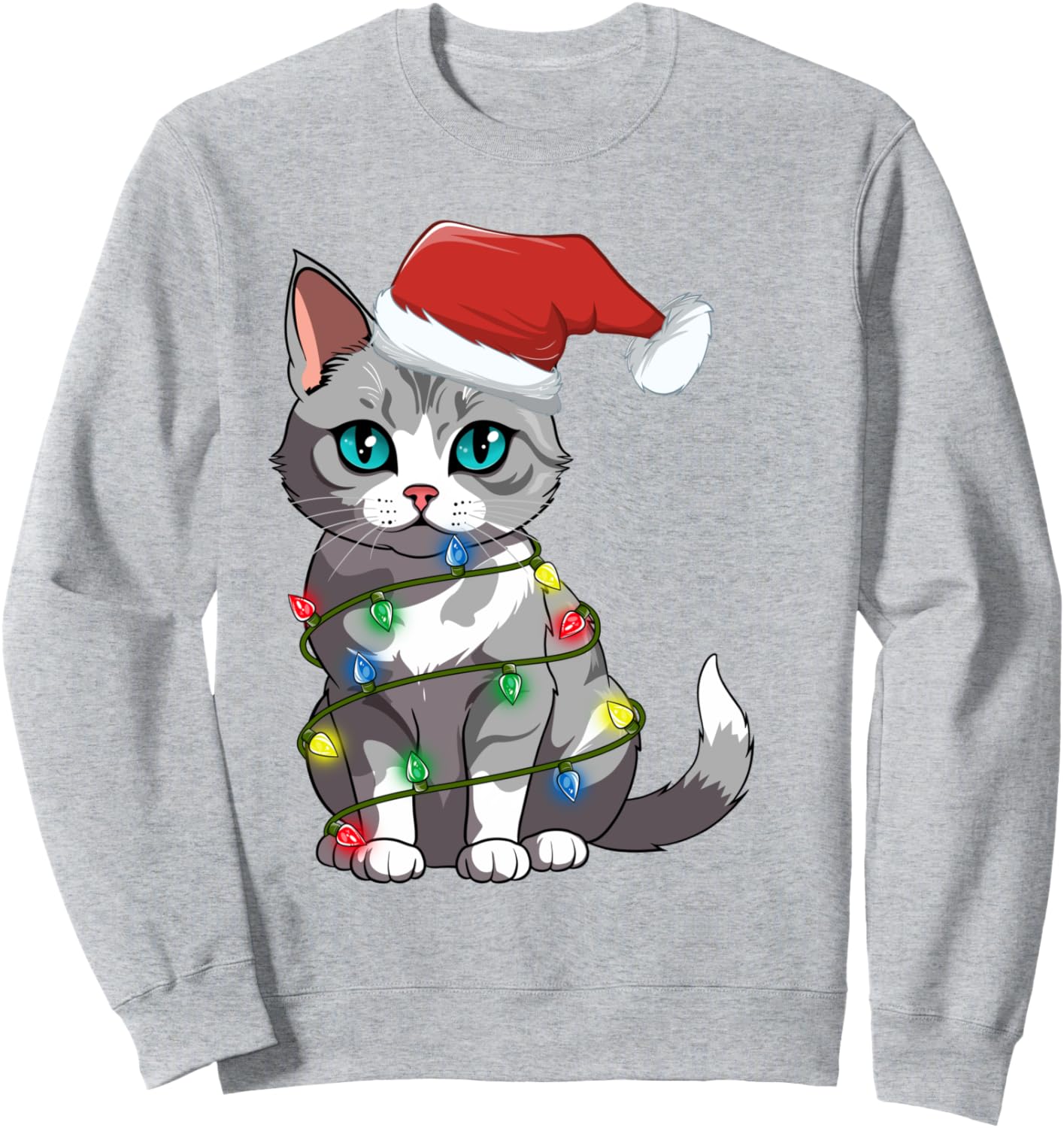 

Рождественская толстовка с изображением кота и гирлянд для мам, пап и девочек Funny Cat Christmas Lights, серый