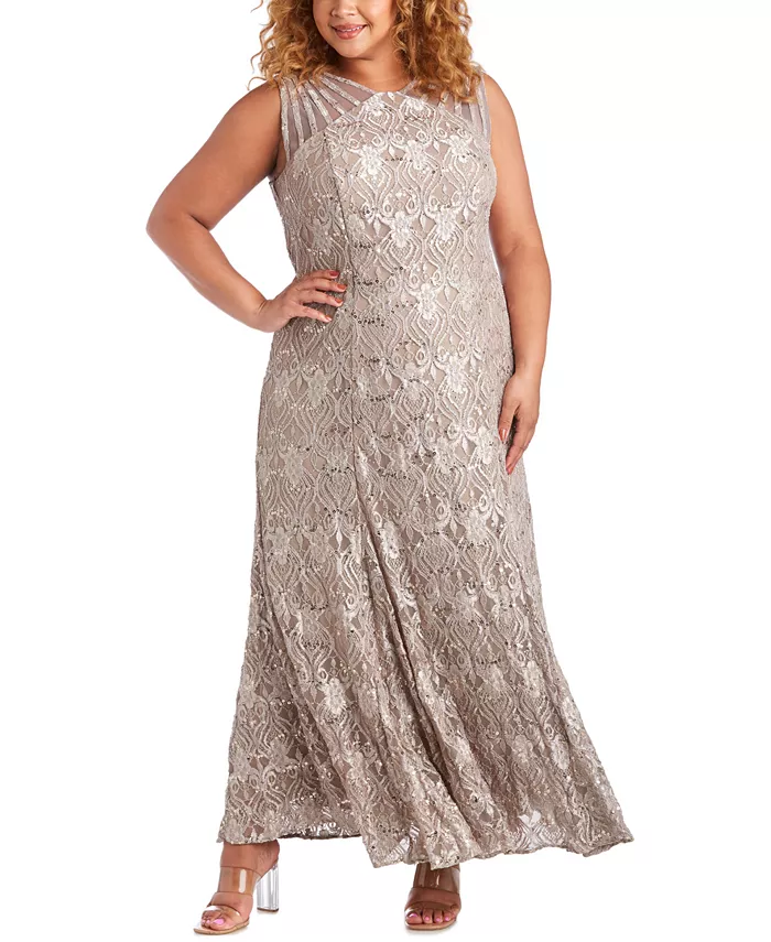 

Платье вечернее с кружевом и пайетками Plus Size R & M Richards, коричневый/бежевый