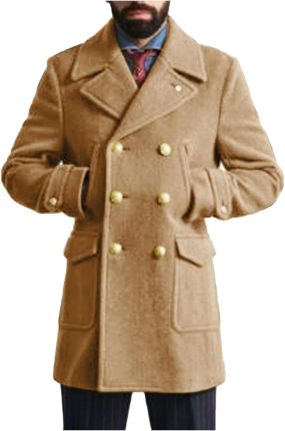 Мужское зимнее пальто из шерстяной смеси, тренч, куртка с отложным воротником, двубортное тяжелое пальто с карманом