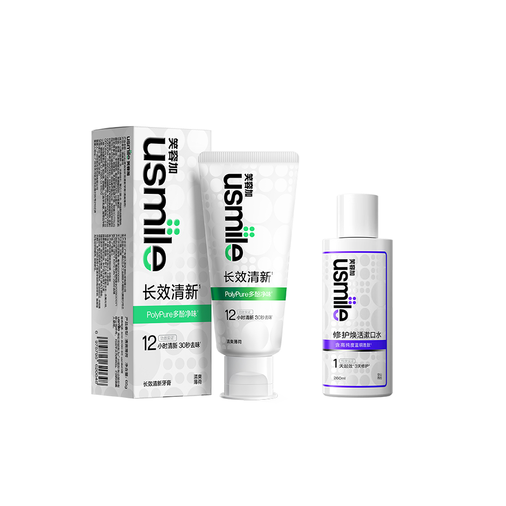 

Эффективная защита десен для здоровья полости рта Зубные пасты и ополаскиватель Двойное действие Очищение Свежесть дыхания Usmile, Long-Lasting Fresh Toothpastes+Empty Mountain Rain after Mouthwash 260ml Bottle