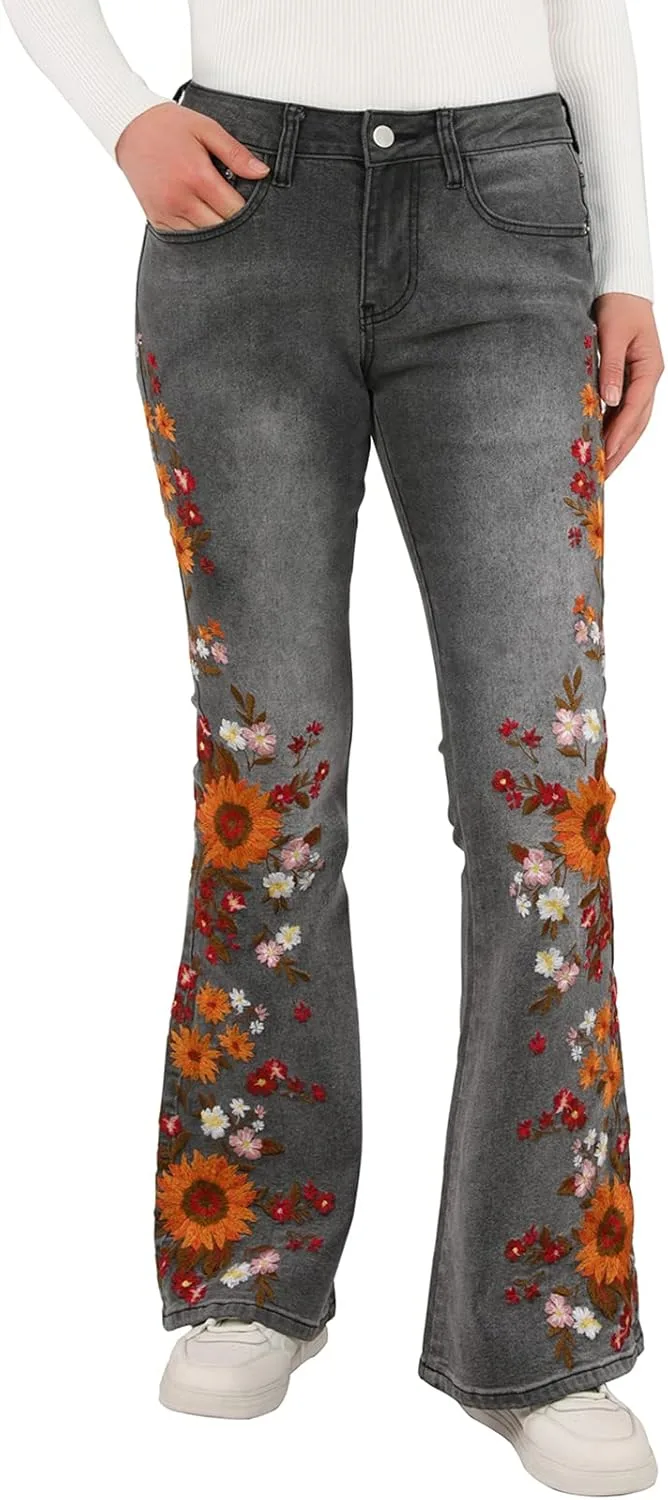 

Женские джинсы с вышивкой, широкие клеш ZENTHACE