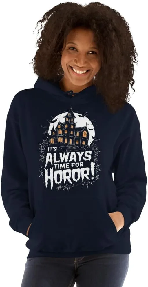 Толстовка Unisex с надписью "It's Always Time For Horror", футболка с забавной цитатой для Хэллоуина Generic, темно-синий
