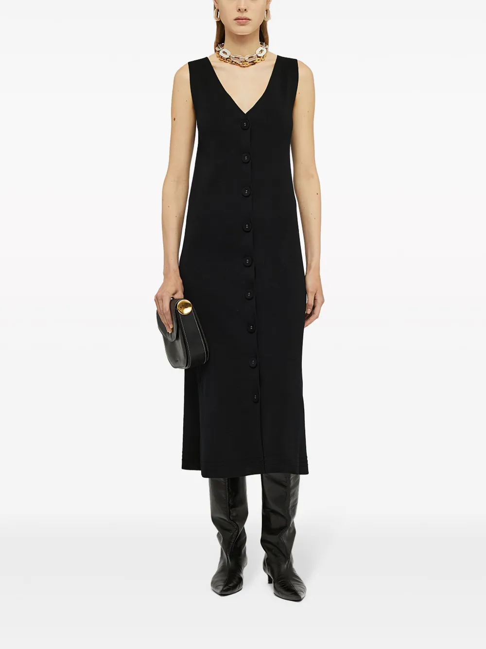 Трикотажное платье миди с V-образным вырезом JIL SANDER, черный — фото 2