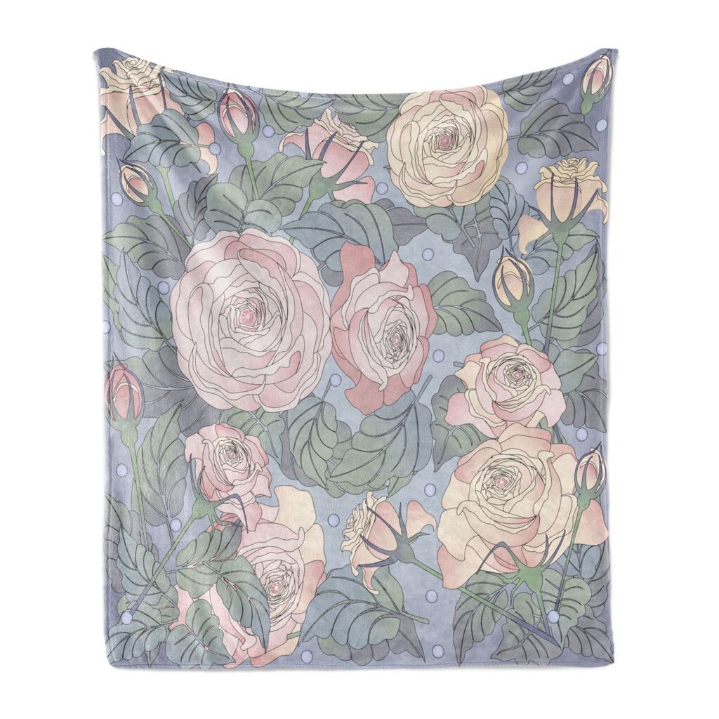 

ABAKUHAUS Flowers Мягкое фланелевое флисовое одеяло, цветочный дизайн, листья и цветы розовой розы, 175 x 230 см, синий потолок, розовый